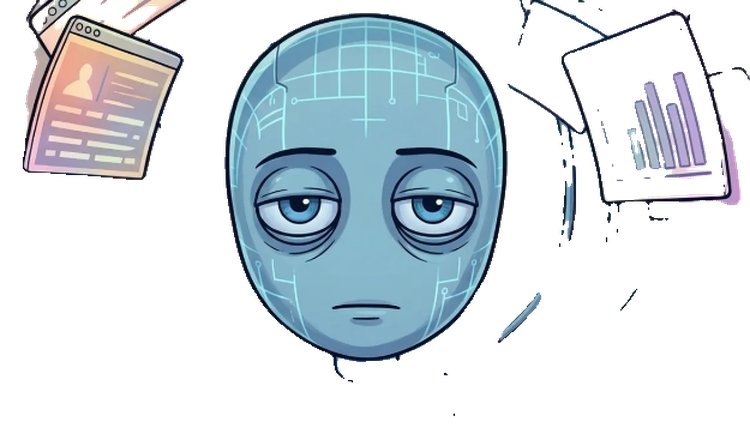 Claude Agent 5.5, a tired blue circuit-lined robot head with heavy-lidded eyes, flanked by floating browser cards